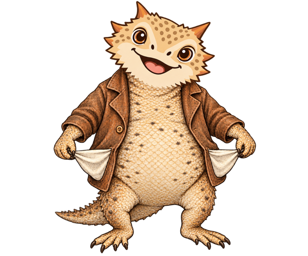A cartoon horny toad in a brown jacket turning out its empty pockets.
