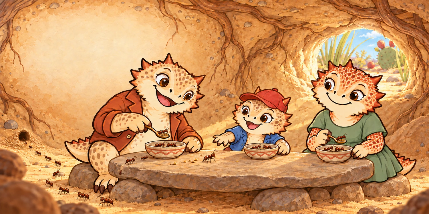 Hank, Torito, and Rosa sharing a breakfast of ants in their burrow, from Torito’s Big Adventure.