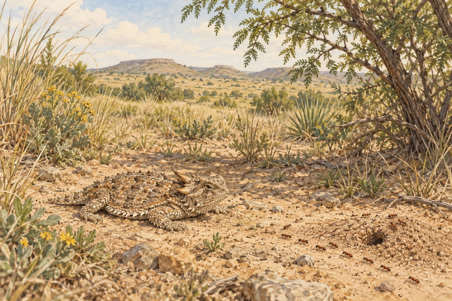 Illustrated West Texas habitat with loose sandy ground, native bunchgrasses, a mesquite bush, an ant trail, and a small horned lizard resting near the ground.