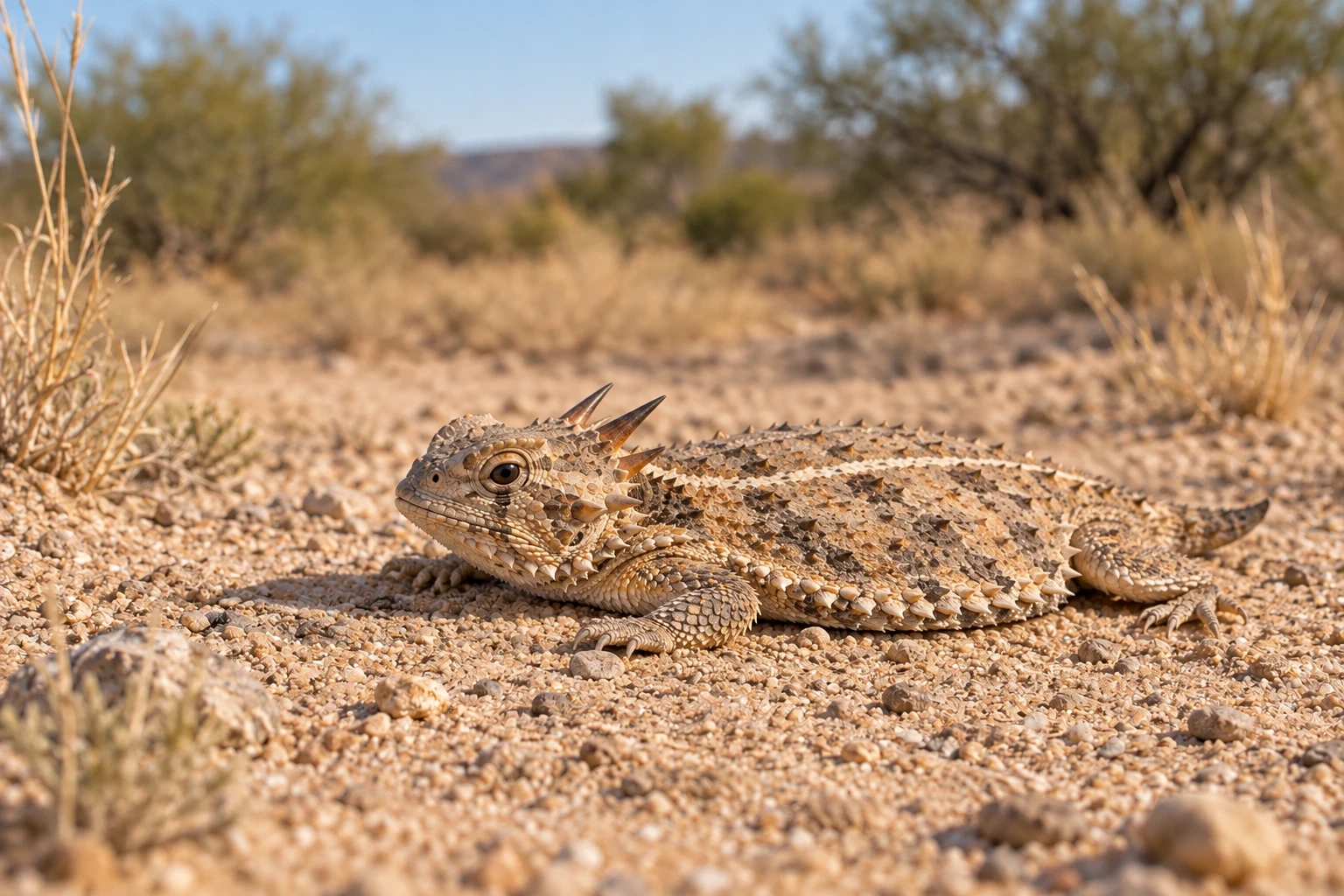 AI-generated scene of a broad-bodied Texas horned lizard resting on sandy ground, with mesquite shrubs behind it.