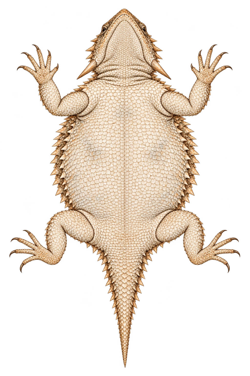 Field-guide illustration of a Texas horned lizard seen belly-up, head at the top; arrows identify its throat, front legs, cream-colored belly, hind legs, toes and claws, and underside of the tail.