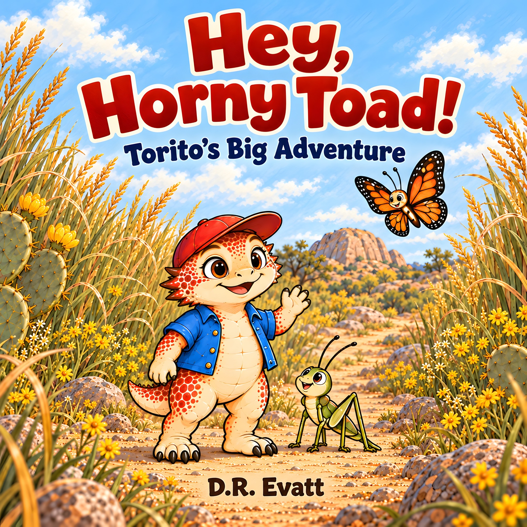 Cover of Hey, Horny Toad! — Torito’s Big Adventure by D.R. Evatt, featuring Torito, Hopper the grasshopper, and Bella the butterfly.