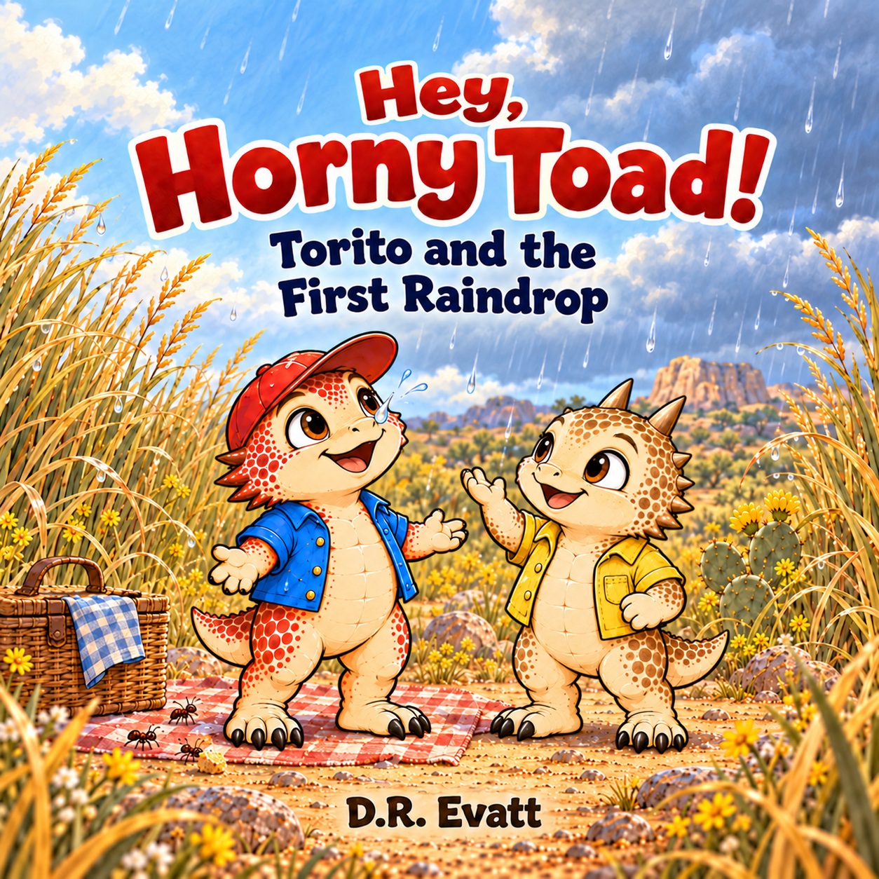 Cover of Hey, Horny Toad! — Torito and the First Raindrop by D.R. Evatt, with Torito, Spike, a picnic basket, and a raindrop.